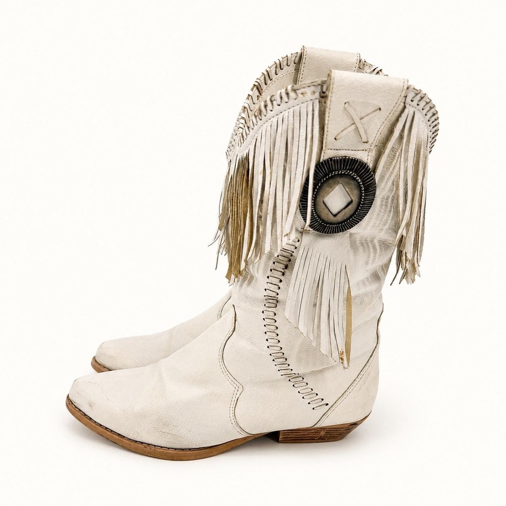 Vintage Woodbridge Women 9 Cowboy Boots White Fringe Concho Western Boho Leather